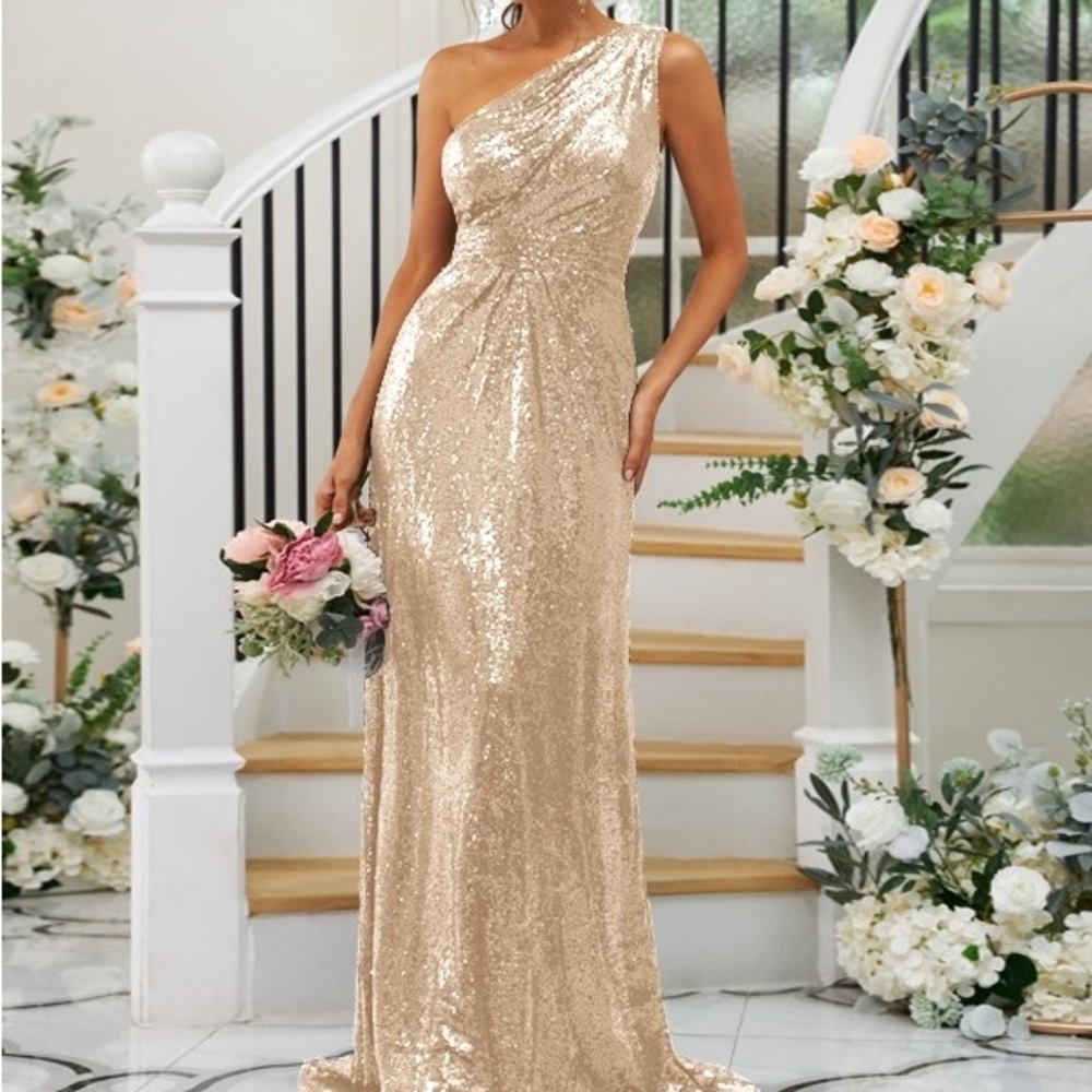 Sequin One Shoulder Sleeveless Champagne Bridesmaids Dress Gold
